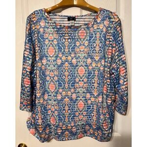 Lark Lane Woman 3X Blue Pink Geometric Pattern Beaded Neckline 3/4 Sleeve Top